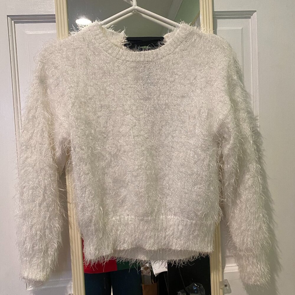White fuzzy sweater with lace up back